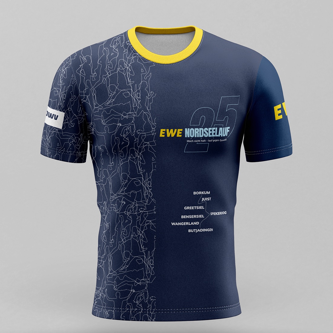 Das Funktions-Shirt 2027: Navy mit gelbem Kragen, Jubiläumslogo und Läufer-Muster